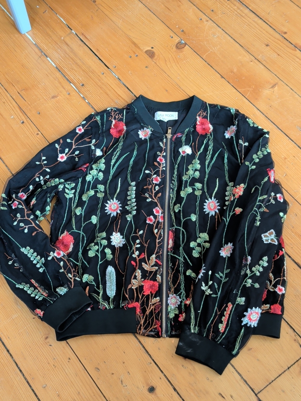 Luna Moon Floral Embroidered Mesh Bomber Jacket - S